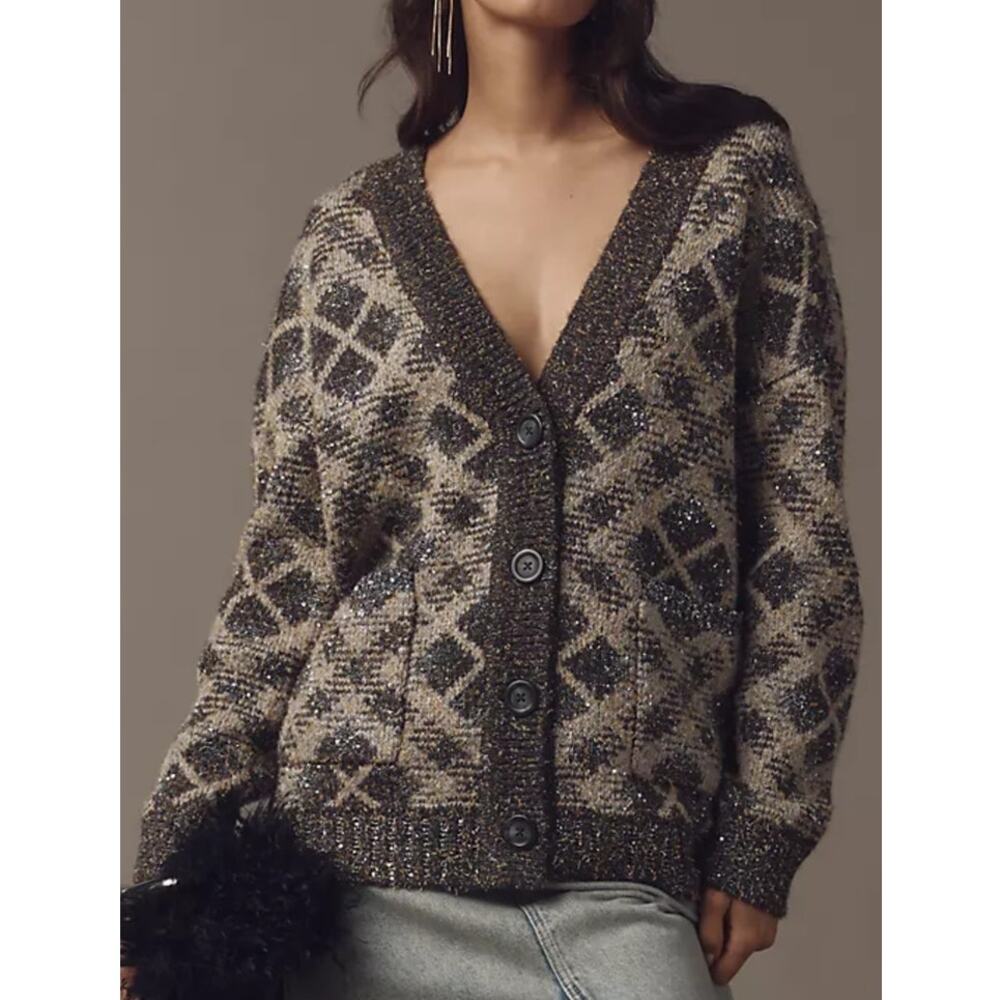 MAEVE Anthropologie Sweater Cardigan Women's Size XSP Gray Check Metallic NWOT